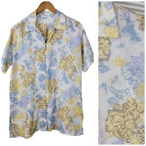Vintage Top Silk Blouse Button Up Floral Size Medium Blue Yellow Lightweight